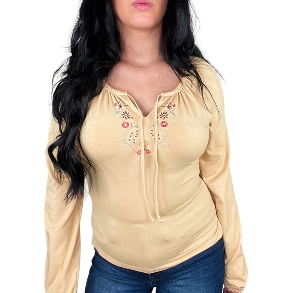 Y2k Vintage Xhiliration Tan Long Sleeve Floral Embroidered Blouse Medium - Picture 6 of 6